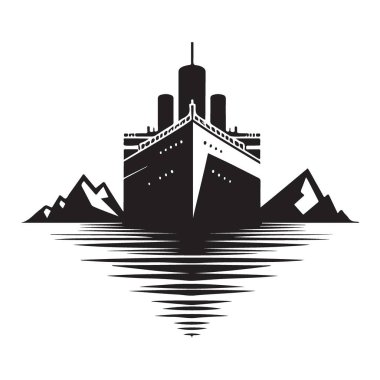 Dağların ve suyun ortasındaki Titanik Gemisi Siluet Vektör Sanatı