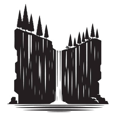 Dramatik Cliff Şelalesi Siluet Vektör Doğa Manzarası Tasarımı