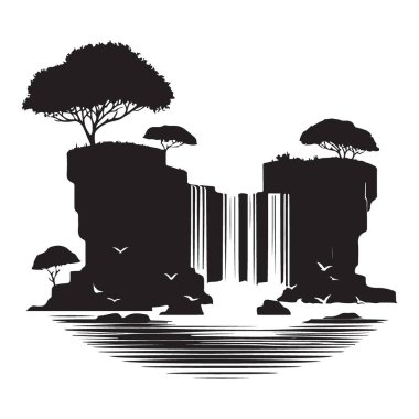 Siluet Çoklu Katmanlı Şelale Manzarası Vektör Çizimi Tasarımı