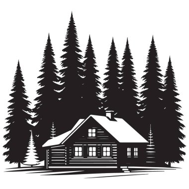 Klasik Siyah ve Beyaz Kütük Kulübesi Siluet Vektör İllüstrasyonu