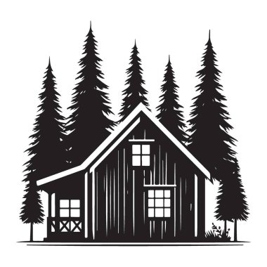 Ormandaki Büyüleyici Kulübe Silüet Tasarım Vektörü Grafiği