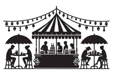 Açık Cafe Siluet Resim Sahnesi Masalar ve İnsanlar