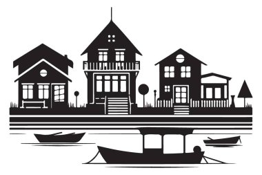 Lakeside Evleri Tekne Vektör Tasarımı ile Siluet Manzarası
