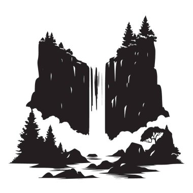 Ağaçlar ve Kaya oluşumlarıyla Sahne Şelalesi Silueti Sanat