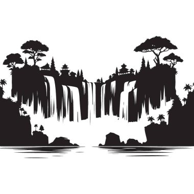 Egzotik Şelale Silueti Manzarası Tapınak Seyahat Hevesleri İllüstrasyonu