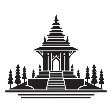 Ağaçlı güzel Asya Pagoda A Detaylı Siluet Çizimi