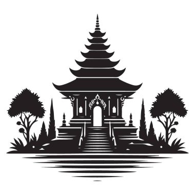 Ağaçların Silüet Vektör Tasarımı ile Ayrıntılı Asya Tapınağı Yapısı
