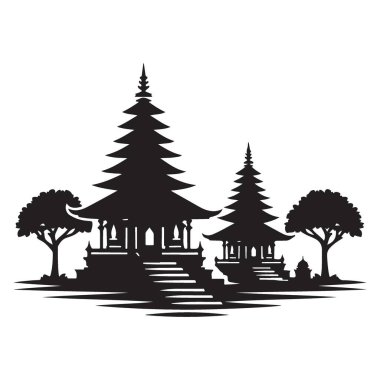 Manzaralı Asya Pagoda Kompleksi Silüet Vektör Peyzaj Çizimi