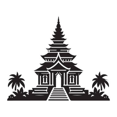 Kültürel Projeler İçin Palmiye Ağaçlarıyla Muhteşem Asya Tapınağı İllüstrasyonu