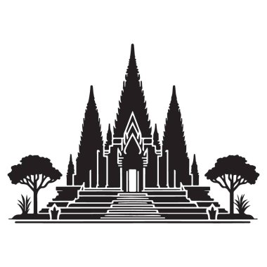 Görkemli Asya Tapınağı Silueti Ağaçlar ve Yürüyen Girişler