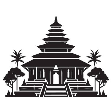 Ağaçlı ve Büyük Merdivenli Detaylı Asya Tapınağı Silüeti Tasarımı