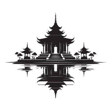 Daha Küçük Pagodalar ve Su Tasarımı ile Yansıtıcı Asya Tapınağı İllüstrasyonu