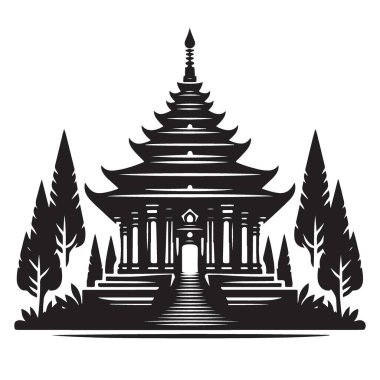 Ayrıntılı Siluet Asya Tapınağı Çam Ağaçları ve Merdivenleri