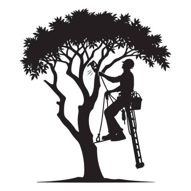 Ağaç Cerrahı Silueti Uzman olarak Elektrikli Testere Vektörüyle Ağacı Buruşturma