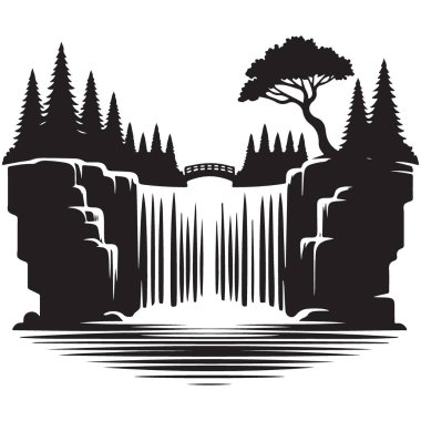 Görkemli Şelale Manzarası Silueti ve Köprü Vektörü Resimleri