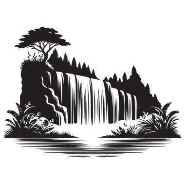 Manzaralı Şelale Manzarası Siyah ve Beyaz Vektör Resimleri Yazdırma