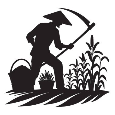 Asyalı bir çiftçinin silueti Ekin Tırpan ve Sepet hasat ediyor