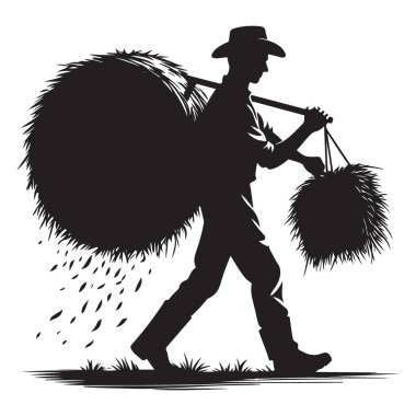 Çiftçinin Silueti Omuz Deliği Kullanarak İki Saman Balyası Taşıyor