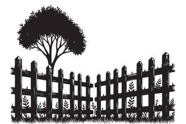 Sakin arka bahçe silueti sahnesi, çitli ve ağaç resimli.