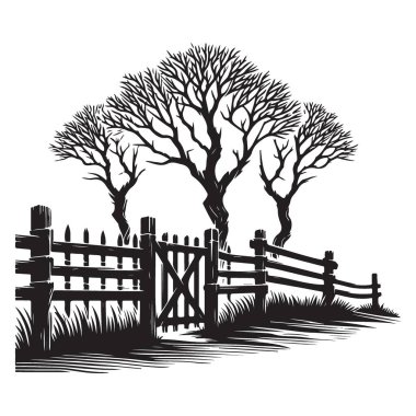 Çit ağaçları ve kapı illüstrasyon sanatıyla kırsal manzara silueti.