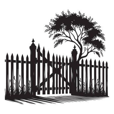 Büyüleyici siluet çitler ve ağaç arka bahçesi sahne vektörü grafiği