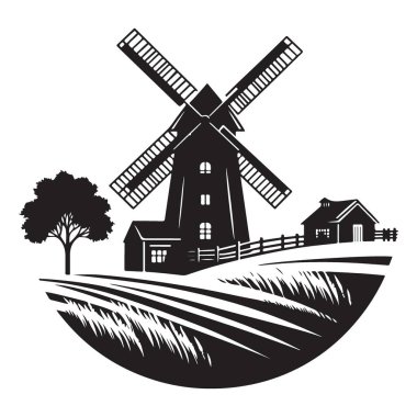 Windmill Manzarası 'nın Çiftlik Evi Resimleriyle Vektör Silueti