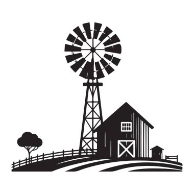Çiftlik Yapısı ile Windmill Barn Vector Manzarası Silueti