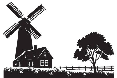 Yel değirmeni ve Çiftlik Evi Siluet Vektörü Kırsal Manzara