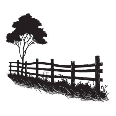 Siluet Tahta Çit ve Ağaç Vektörü Resmetme Manzarası Elementi