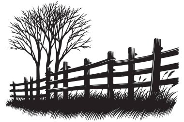 Peyzaj Elementinin Rustik Çit ve Ağaç Silueti Vektör ResmiName