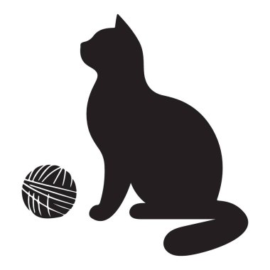 Şirin Siyah Siluet Kedi İplik Topuyla Oturuyor