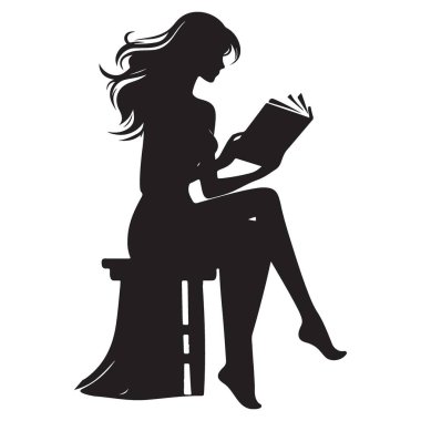 Taburede oturan ve kitap okuyan bir kadının silueti.