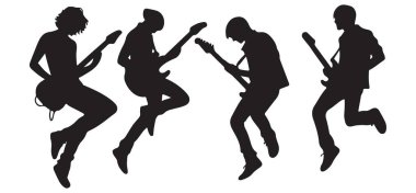 Dört Rock Gitaristinin Siluet Sanatı Sahnede Enerjik Bir Gösteri Yapıyor