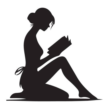Siluet kadın kitap vektörü illüstrasyon yazdırılabilir tasarımı okuyor