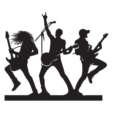 Gitarist ve Vokalist İllüstrasyonunun Rock Konseri Sahnesi Silüeti
