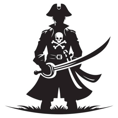 Korkusuz Korsan Silueti Çizimi Kılıçla Hazinesini Koruyor