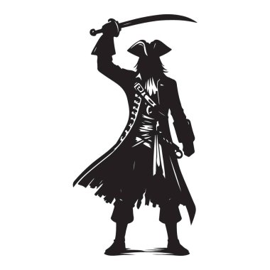 Büyüleyici Korsan Silueti Vektör İllüstrasyonu Yükseltilmiş Kılıç ve Komuta Pozu