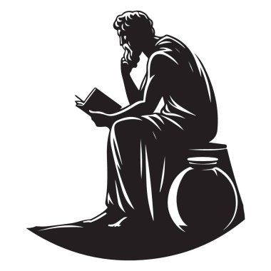 Düşünceli filozof sakallı ve kıvırcık saçlı kitap silueti okuyor.