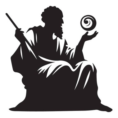 Sihirbaz silueti sihirli güç ile küre ve değnek oturma