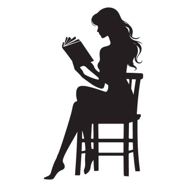 Çekici Siluet Resimli Kadın Sandalye Vektöründe Oturarak Okuyor