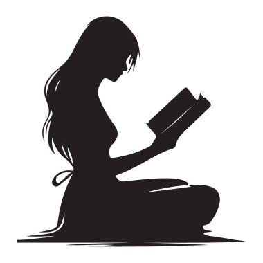 Siluet Kadın Açık Sayfalar Vektör Sanatı ile Bir Kitap Okuyor