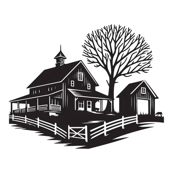 Klasik bir ahır silueti ve ağaçlı çiftlik binaları.