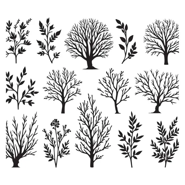 Tasarım için izole edilmiş vektör ağacı ve dal silueti koleksiyonu