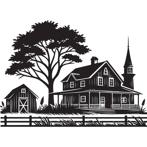 Çiftlik Evi Silueti Ahır ve Ağaç Çizimi Tasarımı
