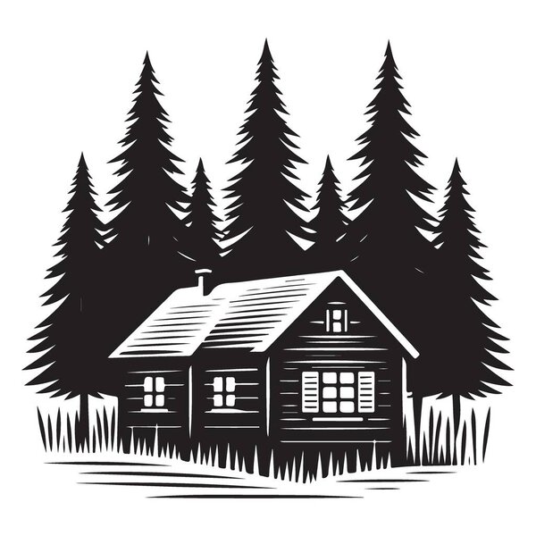 Charming Log Cabin Silhouette Surrounded by Tall Pine Trees Vector