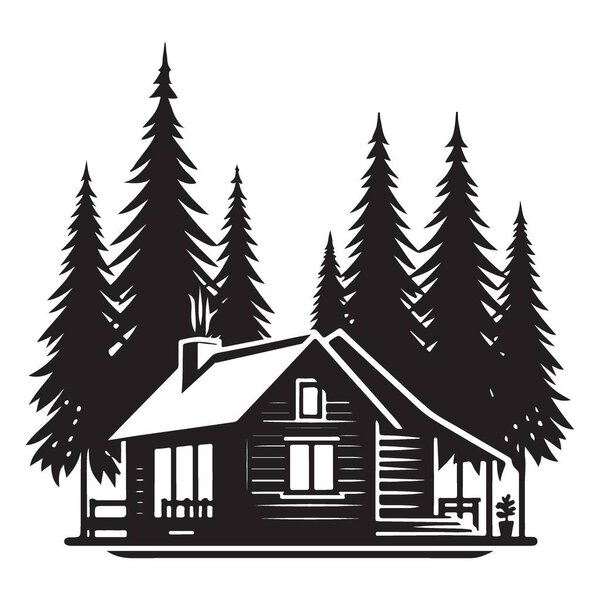 Charming Log Cabin Vector Silhouette Illustration amidst Tall Trees