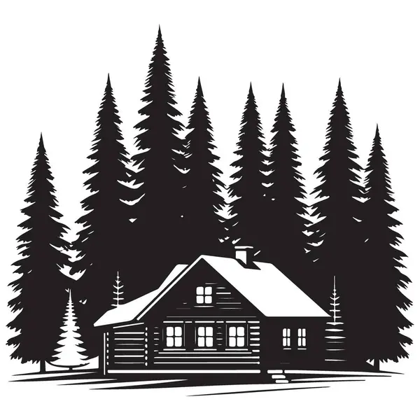 Klasik Siyah ve Beyaz Kütük Kulübesi Siluet Vektör İllüstrasyonu