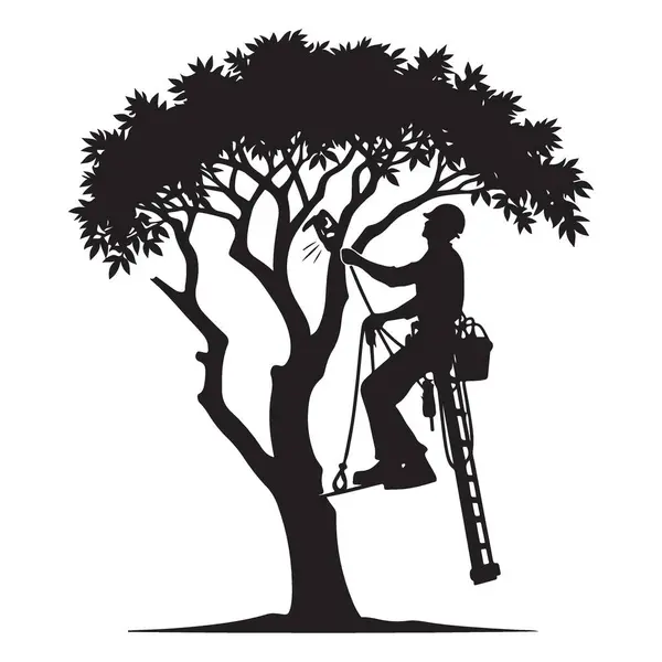 Ağaç Cerrahı Silueti Uzman olarak Elektrikli Testere Vektörüyle Ağacı Buruşturma