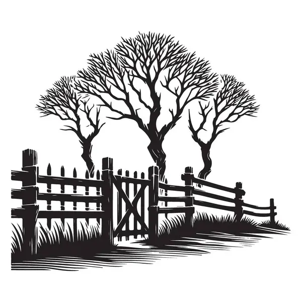 Çit ağaçları ve kapı illüstrasyon sanatıyla kırsal manzara silueti.