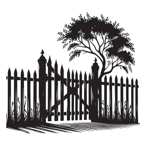 Büyüleyici siluet çitler ve ağaç arka bahçesi sahne vektörü grafiği